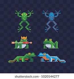 Reptile animals pixel art style icon set. 8-bit sprite. Cartoon frog and lizard isolated vector illustration. Design for stickers, logo, embroidery, mobile app.