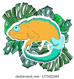 Reptile cartoon illustration. Chameleon on the palm leaves. Vector illustration.