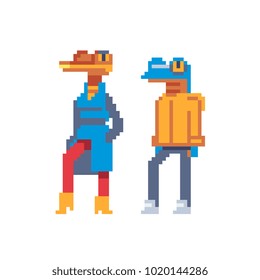 Reptile in clothes characters isolated vector illustration pixel art 80 style. Anthropomorphic design. Guy and girl fashion animals. Video game assets. 8-bit sprite. 