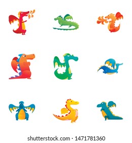 Reptile dragons icon set. Cartoon set of 9 reptile dragons vector icons for web design isolated on white background