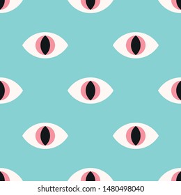 Reptile eyes seamless pattern on a mint background. Vector Illustration