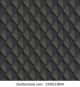 Reptile or fish scales. Black lamellar armour with blue and pale glares. Vector seamless pattern