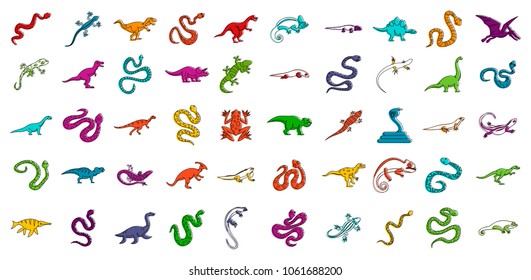 Reptile icon set. Color outline set of reptile vector icons for web design isolated on white background