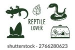 Reptile lover illustration set featuring a snake, lizard, terrarium, and tropical leaf elements in a minimalist green style on a white background.