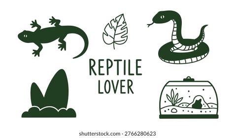 Reptile lover illustration set featuring a snake, lizard, terrarium, and tropical leaf elements in a minimalist green style on a white background.