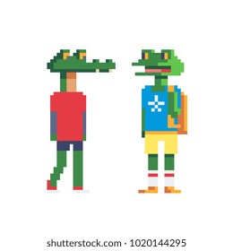 Reptile male characters crocodile and frog in clothes isolated vector flat illustration pixel art 80 style. Anthropomorphic design. Video game assets. 8-bit sprite. 
