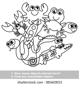 Reptile mishmash set in vector outlined to be colored.  Find all hidden objects on the picture. Visual game for children.