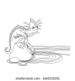 reptile mutant with a human face, monster, space alien, on a stone rock on the ocean shore, vector illustration with black contour lines isolated on a white background in doodle and hand drawn style
