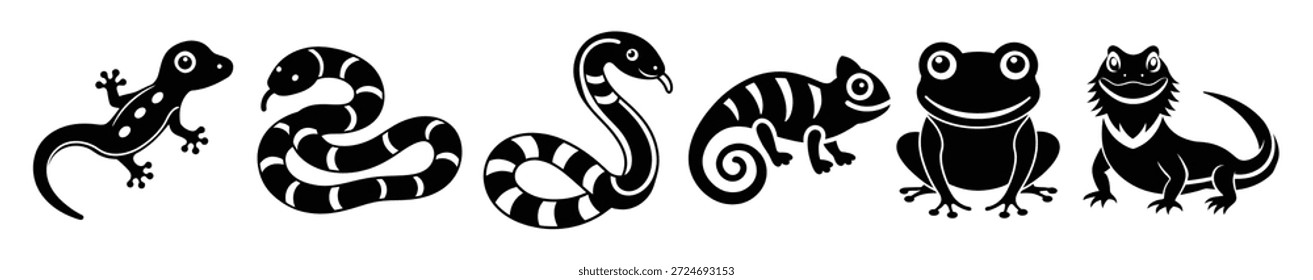 Paquete de las mascotas del reptil silueteado en el fondo blanco 
