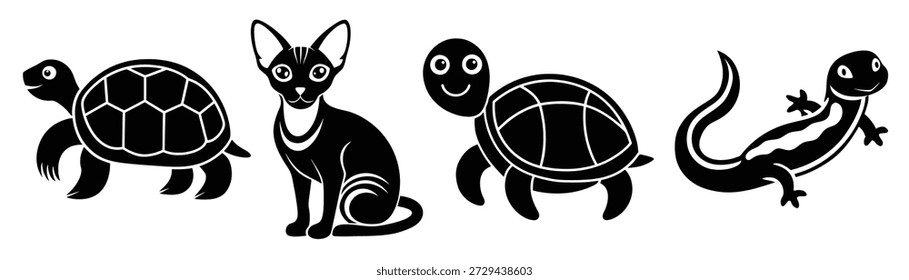 Paquete de las mascotas del reptil silueteado en el fondo blanco