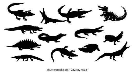Reptile Silhouette Icon Set  Crocodile, Lizard, Gecko and Iguana Vector Collection