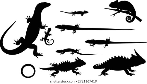   
Coleção de vetor de silhueta de répteis, formas de lagarto, figuras pretas, tema da natureza, espécies exóticas, poses de rastejamento, ilustração da vida selvagem, design animal, gráficos de cauda pontiaguda, elementos de criatura tropical