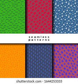 Reptile Skin, Berry Compote, Winter Snowflakes, Orange Peel, Midnight Rain and Blueberry Dreams seamless patterns. Repeatable. Use for backdrop, wrapping paper, textile design. Isolated.