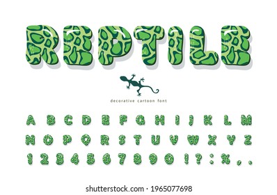 Reptile skin cartoon font. Animal green spotted print alphabet. Botany school science design. Decorative letters and numbers for kids. Vector