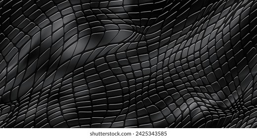 Reptile skin embossed in black with an unending pattern. Top view of a leatherette textured like a crocodile or dinosaur. BG in imitation of laminated leather. Hintergrund dermantine. PVC substance