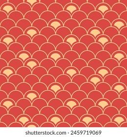 Reptile skin or fish surface seamless pattern in red and gold colors. Background of snake scale, wildlife animal texture. Asian ornament. Chinese minimalistic mosaic backdrop. Vector illustration