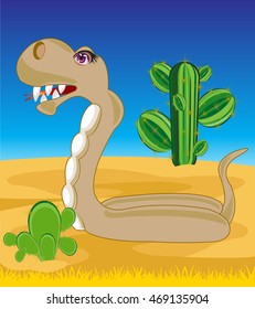 The Reptile snake in desert with cactus.Vector illustration