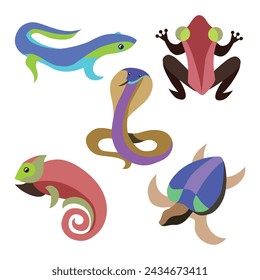 Carácter reptil animal vector reptil. Serpiente, reptil y anfibios, rana, iguana y pitón vector conjunto de ilustración. Caricatura de anfibios y reptiles exóticos