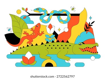 Ilustración vectorial De Reptiles Con Escalas Detalladas Y Diseño Natural De La Vida Silvestre Con Varias Especies De Animales Reptiles En Fondo Plano