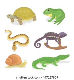 Reptiles y anfibios conjunto decorativo de iconos de camaleón de serpiente cocodrilo en forma de caricatura ilustración vectorial aislada