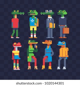 Reptiles in clothes characters anthropomorphic design pixel art 80 style set isolated vector illustration. Element design for stickers, logo, mobile app. Boy and girl business fashion animals.