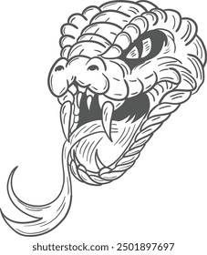 A reptile's head with an open mouth, sharp fangs and a protruding tongue. Vector image