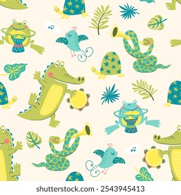 Reptiles orchestra. Cute seamless vector pattern with crocodiles, frogs, turtles, pythons playing musical instruments. Cartoon baby animals having fun dancing and singing