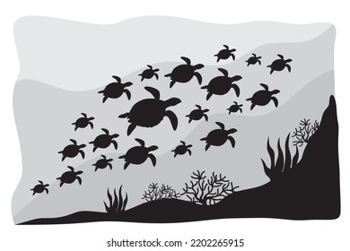 Reptiles. Sea turtle. Vector illustration of turtle swimming in the ocean