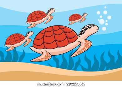 Reptiles. Sea turtle. Vector illustration of turtle swimming in the ocean