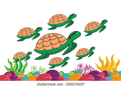Reptiles. Sea turtle. Vector illustration of turtle swimming in the ocean