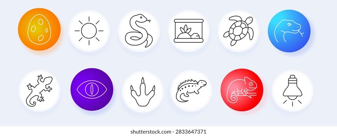 Reptiles set icon. Spotted egg, bright sun, coiled snake, terrarium tank, swimming turtle, python head, climbing gecko, slit eye, claw print, iguana lizard, chameleon form, heat lamp.