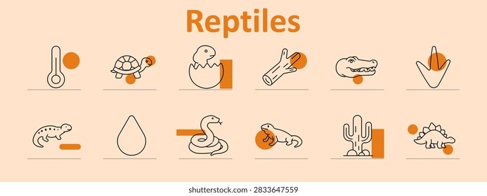 Reptiles set icon. Thermometer form, turtle form, hatching egg, wooden log, crocodile head, dinosaur footprint, lizard, water drop, coiled snake, gecko, cactus, stegosaurus.