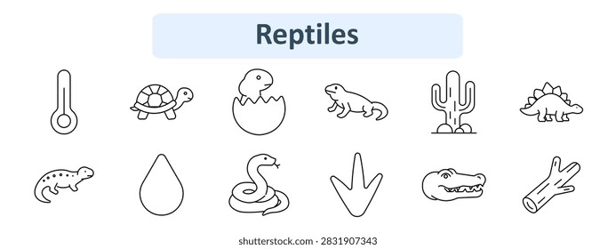 Reptiles set icon. Thermometer scale, turtle shell, hatching egg, lizard form, cactus plant, stegosaurus dinosaur, salamander form, water drop, snake, bird footprint, crocodile head, stick branch.