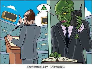 A reptilian dictating the speech to a dogmatic politician in a crowded stadium. Vector illustration