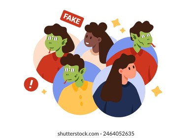 Reptilians among people conspiracy theory, fake disinformation. Round avatars of male, female characters and lizards in human clothes, secret information in social media cartoon vector illustration