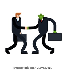 Reptilid and businessman handshake conclusion. Business with aliens.