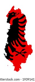 Republic of Albania vector map silhouette and vector flag over map silhouette illustration isolated on white background. Balkan country, state in Europe. Coat of arms of Albania over map.