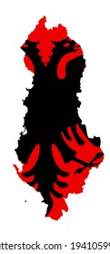 Republic of Albania vector map silhouette and vector flag over map silhouette illustration isolated on white background. Balkan country, state in Europe. Coat of arms of Albania over map.