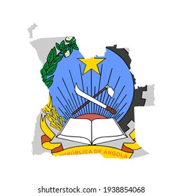 Dibujo de silueta vectorial de la República de Angola con escudo de armas, sello o emblema nacional, aislado en fondo blanco. Escudo de Angola sobre el mapa.