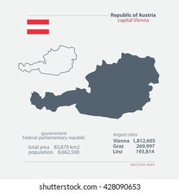 Republic of Austria isolated maps and official flag icon. vector Austrian political map icons with general information. European country geographic banner template 