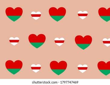 Republic of Belarus flag, endless pattern. white-red-white country national symbol, hearts. Vector illustration