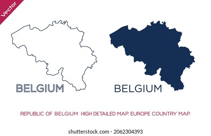 REPUBLIC OF  BELGIUM Highly detailed maps of European Union countries. vector outline and blue silhouette map of BELGIUM isolated on white background. Political map, map of Europe, world map
