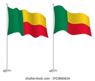 Republic of Benin flag on flagpole waving in wind. Holiday design element. Checkpoint for map symbols. Isolated vector on white background