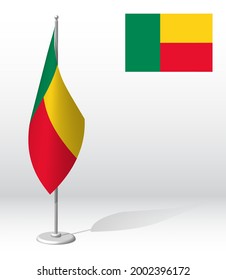 Republic of Benin flag on flagpole for registration of solemn event, meeting foreign guests. National independence day of Benin. Realistic 3D vector on white