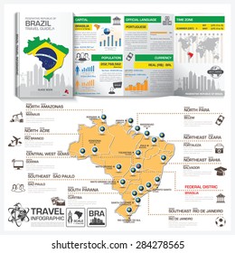 Republic Of Brazil Travel Guide Book Business Info graphic With Map Vector Design Template