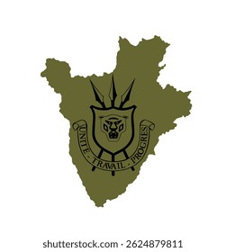 Republic of Burundi map vector silhouette illustration isolated on white background, high detailed. State in Africa symbol. Seal, national emblem, Burundi coat of arms over map.