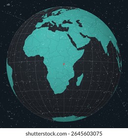 Republic of Burundi on Globe. Vintage look with grunge scratched texture. Country view on world map in Dark Charcoal Turquoise color palette. Burundi shape on map. Globe with meridians and parallels.