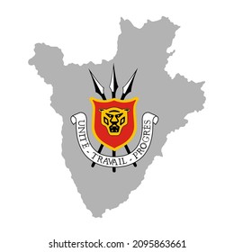 Republic of Burundi vector map silhouette illustration isolated on white background, high detailed. State in Africa symbol. Seal, national emblem, Burundi coat of arms over map.