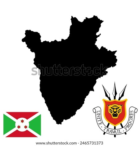 Republic of Burundi vector map silhouette illustration isolated on white background. State in Africa symbol. Seal national emblem, Burundi coat of arms over map. Burundi flag.