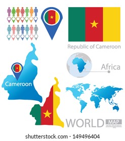 Republic of Cameroon. flag. World Map. vector Illustration.